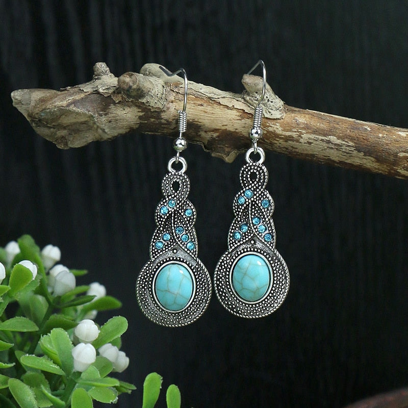 53 Styles Bohemian Vintage Tibetan Silver Geometric Drop Earrings For Women Ethnic Blue Stone Tassel Dangle Earrings Jewelry