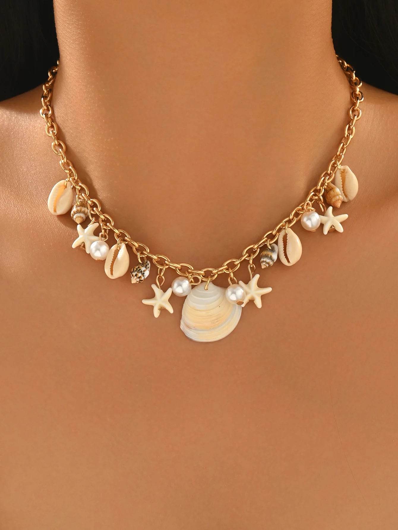 Dainty Gold Cowrie Shell and Starfish Choker Necklace