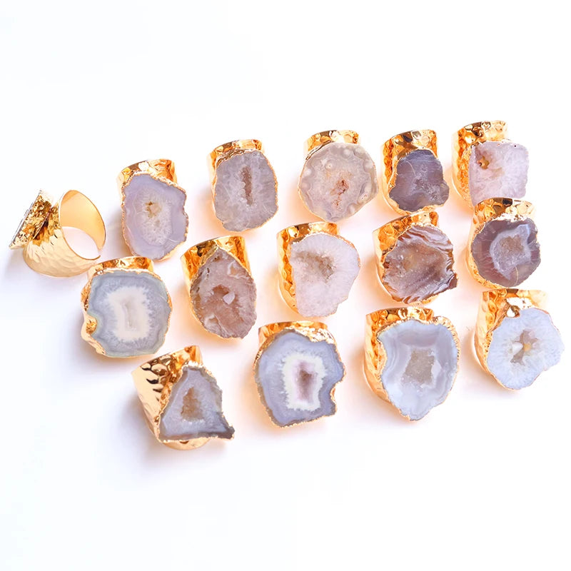Irregular Natural Geode Stone Rings Agate Slices Wide Open Ring for Women Men Boho Resizable Finger Jewelry - Charlie Dolly