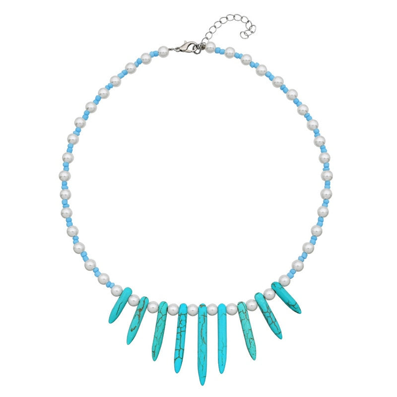 Handmade Beaded Shell Pendant Necklace Pearl Flower Clavicle Chain Vintage Turquoise Choker Necklace Jewelry for Women Gifts