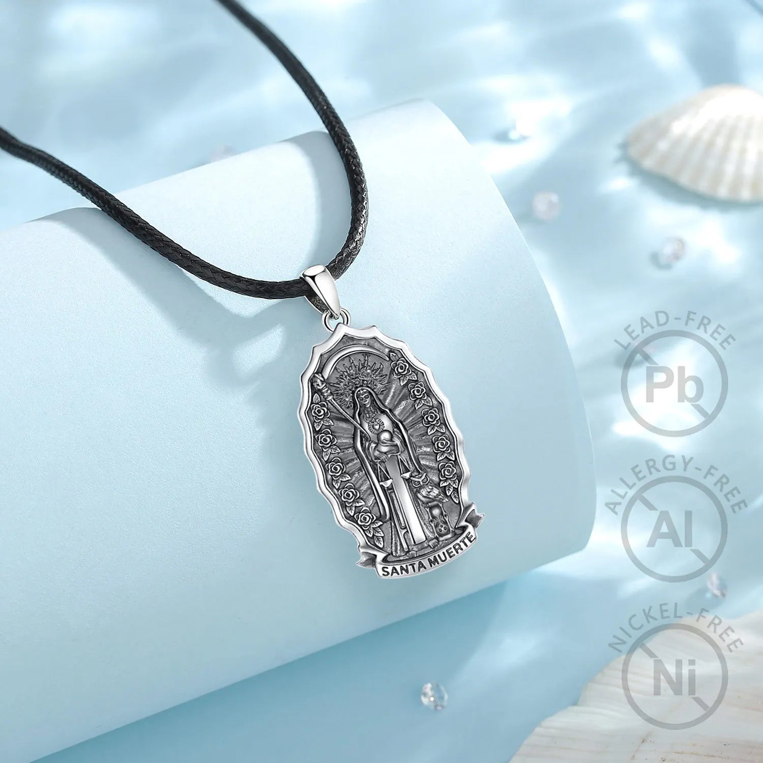S925 Sterling Silver Santa Muerte Pendant Necklace, Holy Death Mexican Devotional Amulet