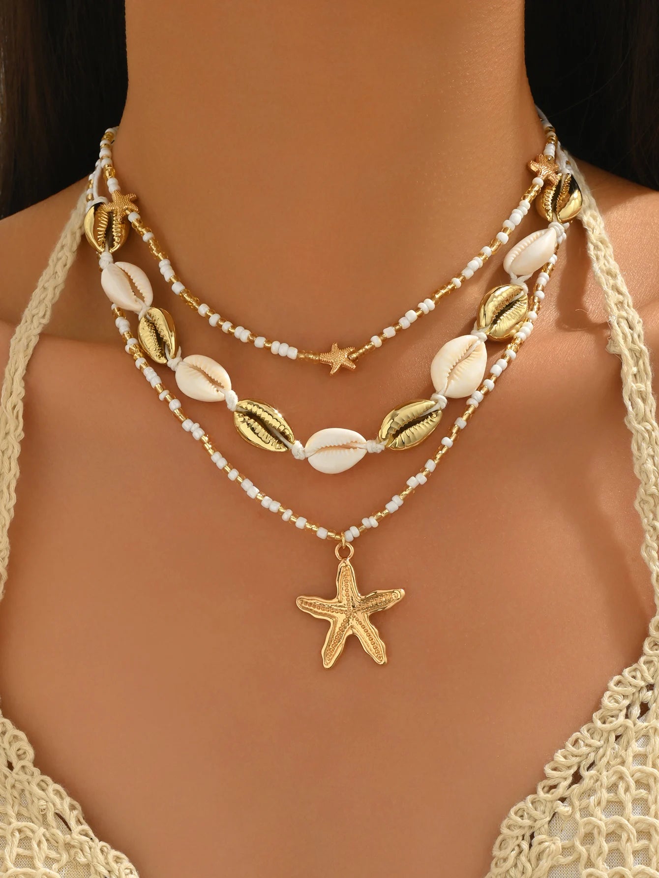 Three Layered Cowrie Shell and Starfish Boho Necklace