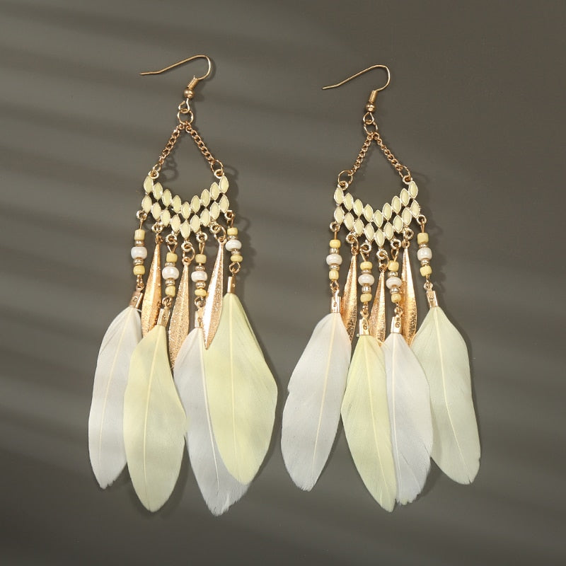 Boho Long Feather Dangle Women's Earrings Beach Long Tassel Beads Handmade Flower Enamel Earrings Bride Wedding Pendientes Mujer