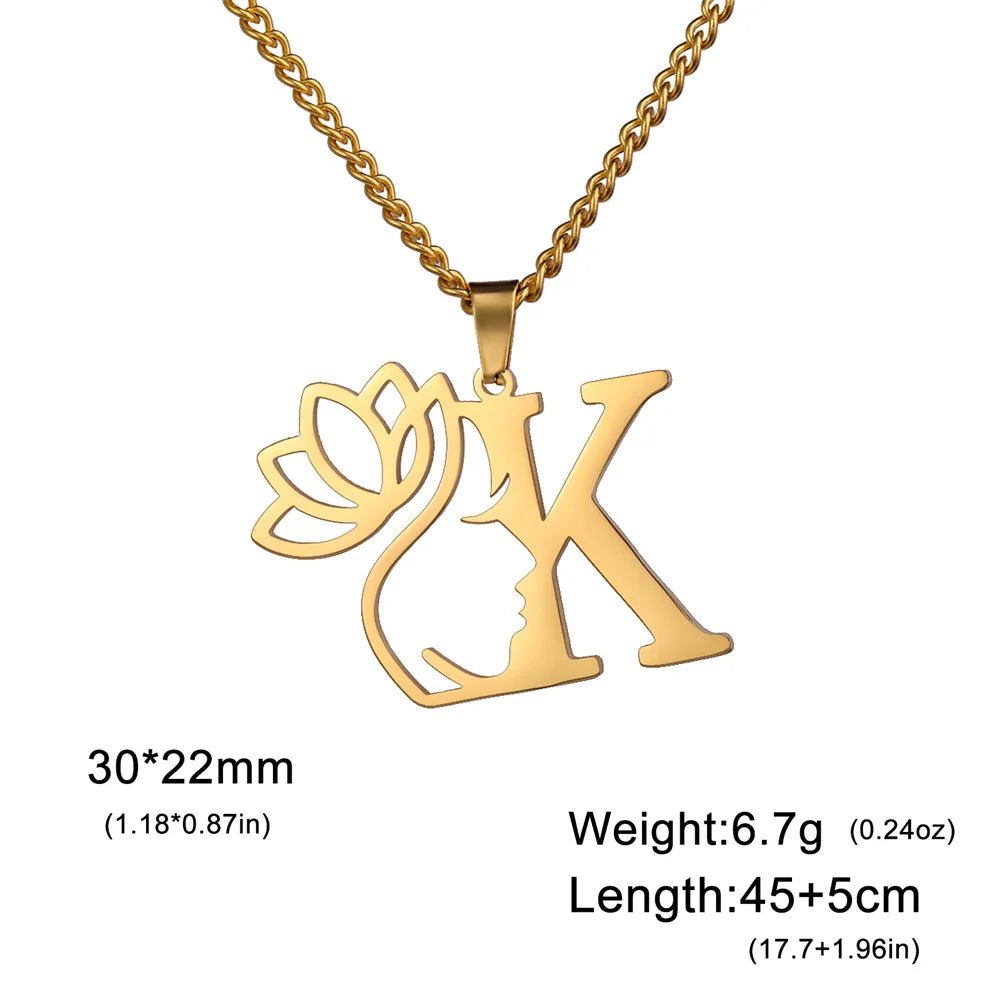 Lotus Flower Initial Letter Pendant, Personalized Stainless Steel Necklace