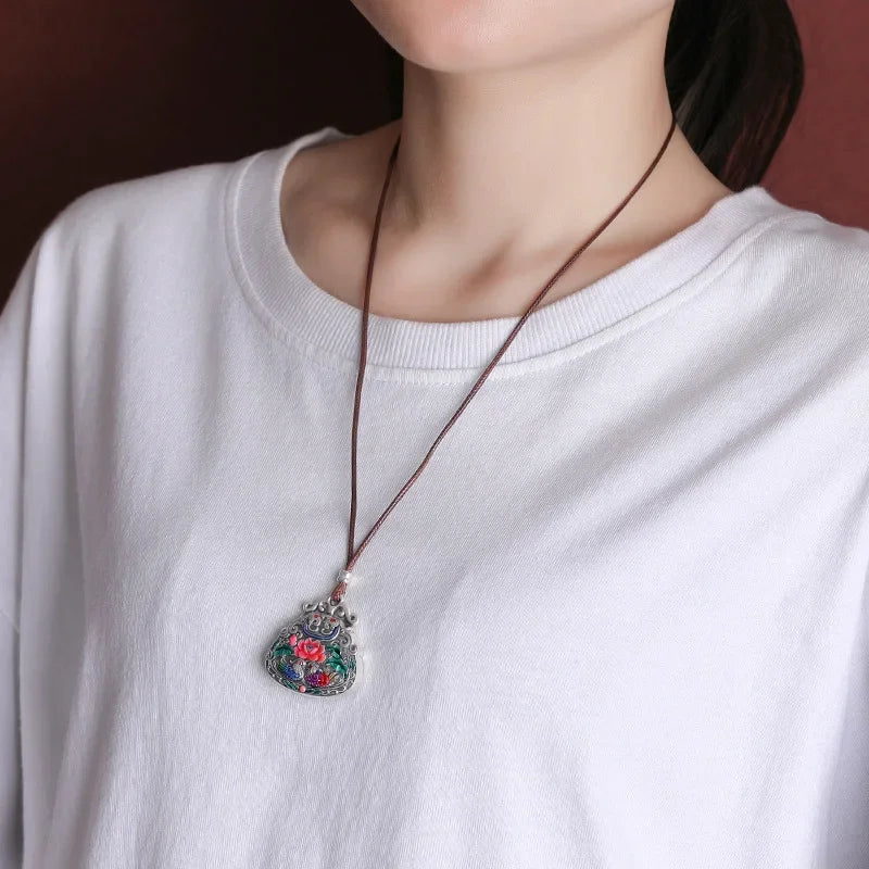 925 Sterling Silver Cloisonne Mandarin Duck & Lotus Enamel Necklace, Auspicious Love Amulet