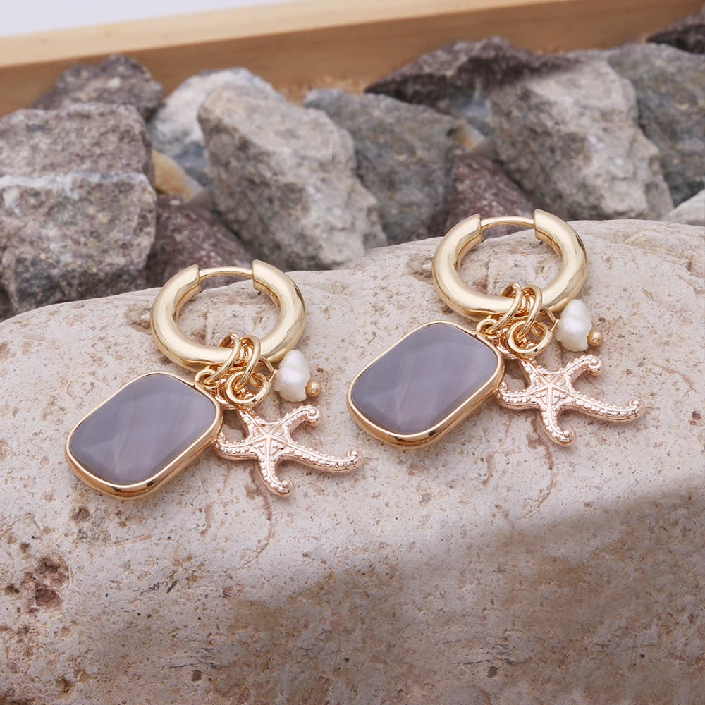 Pendant Earrings For Woman Boho Natural Stone Clover Malachite Powder Crystal Bohemia Charm Ear Luxury Quality Jewelry Girls - Charlie Dolly