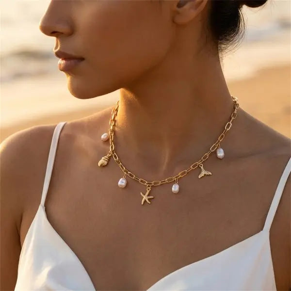 Starfish Shell Pearl Tassel Choker Necklace Jewelry