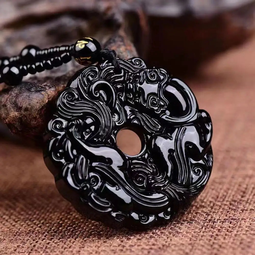 Hand-Carved Green Jade Dragon Pendant Necklace, Chinese Lucky Amulet