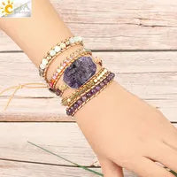 CSJA Natural Stone Bracelets Green Fluorite Crystal Aventurine Bead Leather Wrap Bracelet Multilayer Boho Jewelry Pulseira G118 - Charlie Dolly