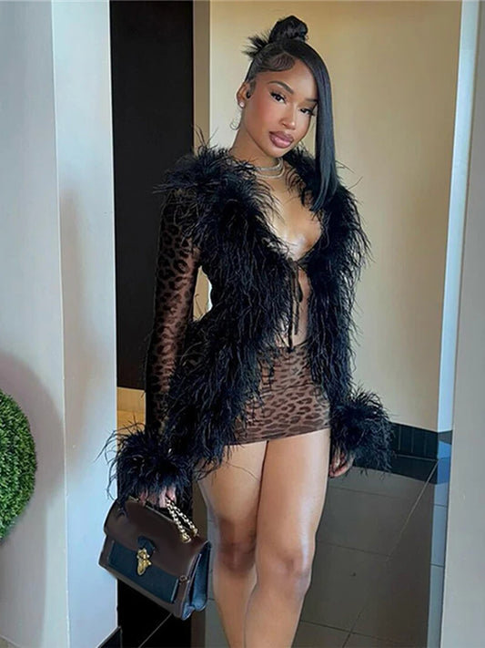 Sexy Leopard Print Women's Two Pieces Set Y2k Full Sleeve Furry Neck Lace Up Cardigan Tops Mini Skirts 2025 Chic Lady Outfits - Charlie Dolly