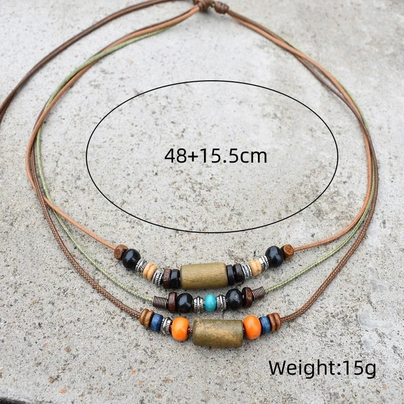 Wood Bead Wax Rope Multilayer Necklace Jewelry