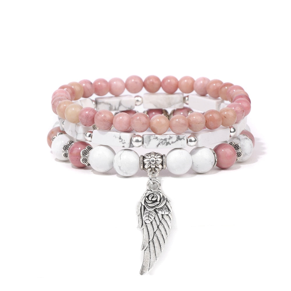 Handmade Silver Color Rose Angel Wing Pendant Bracelet Natural Pink Quartz Crystal Beads Charm Bracelet Women Romantic Jewelry