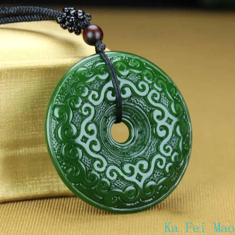 Natural Jade Double-Sided Carved Round Amulet Pendant, Sacred Talisman Necklace