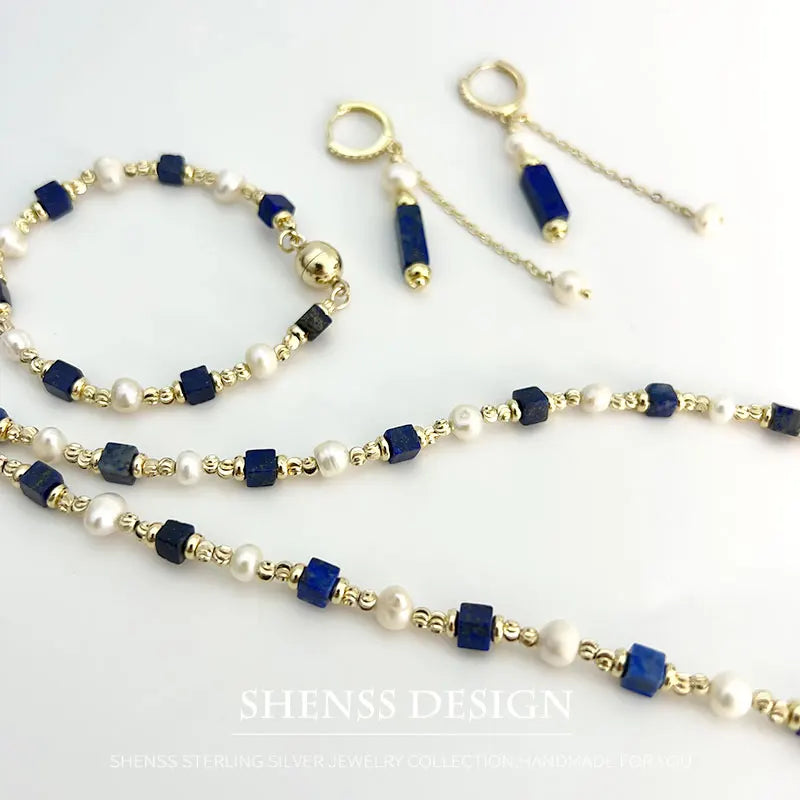 Natural Freshwater Pearl Necklace 4X4 lapis lazuli Bracelet Earring Plated 14K Gold Accessories - Charlie Dolly