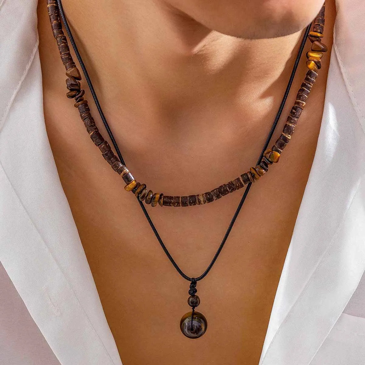 Vintage Coconut Shell and Gravel Bead Boho Necklace for Men