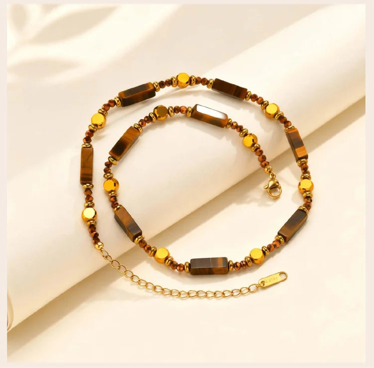 Natural Tiger Eye Necklace for Women, Boho Beaded Pendant Layered Collarbone Chain with Irregular Stone Jewelry - Charlie Dolly