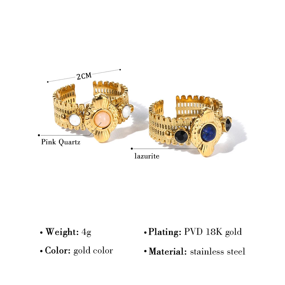 YACHAN Boho Vintage Stainless Steel Rings for Women Pink Natural Stone Lazurite 18K Gold Plated Aesthetic Trend Jewelry - Charlie Dolly