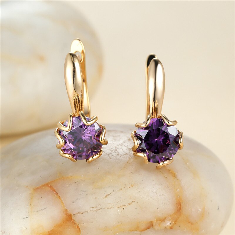 Cute Female Round Stone Hoop Earrings Rainbow Crystal Multicolor Zircon Earrings Boho Rose Gold Color Wedding Earrings For Women