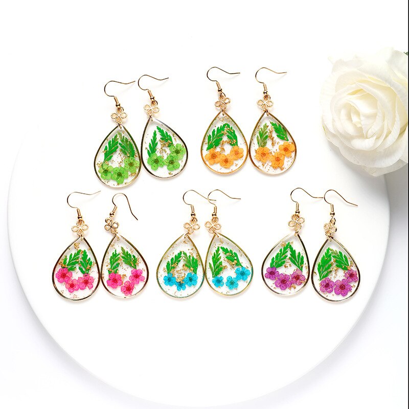 Creative Real Flower Earring Unique Round Dried Flower Drop Earrings Real Floral Sweet Earring For Women Gifts Summer Jewelry