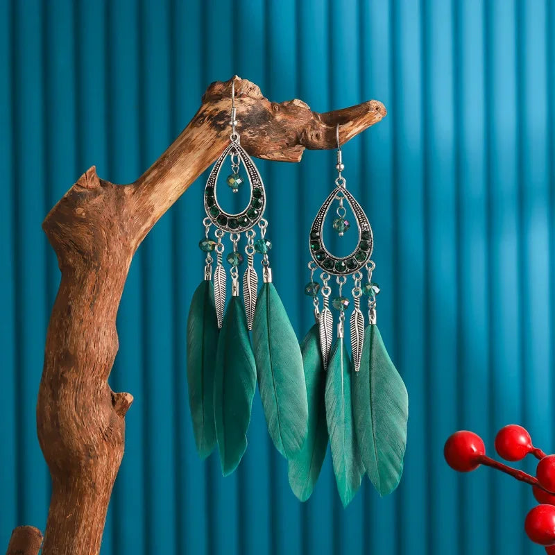 Feather Crystal Tassel Boho Dangle Earrings Jewelry