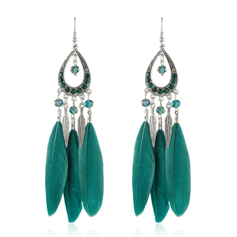 Feather Crystal Tassel Boho Dangle Earrings Jewelry