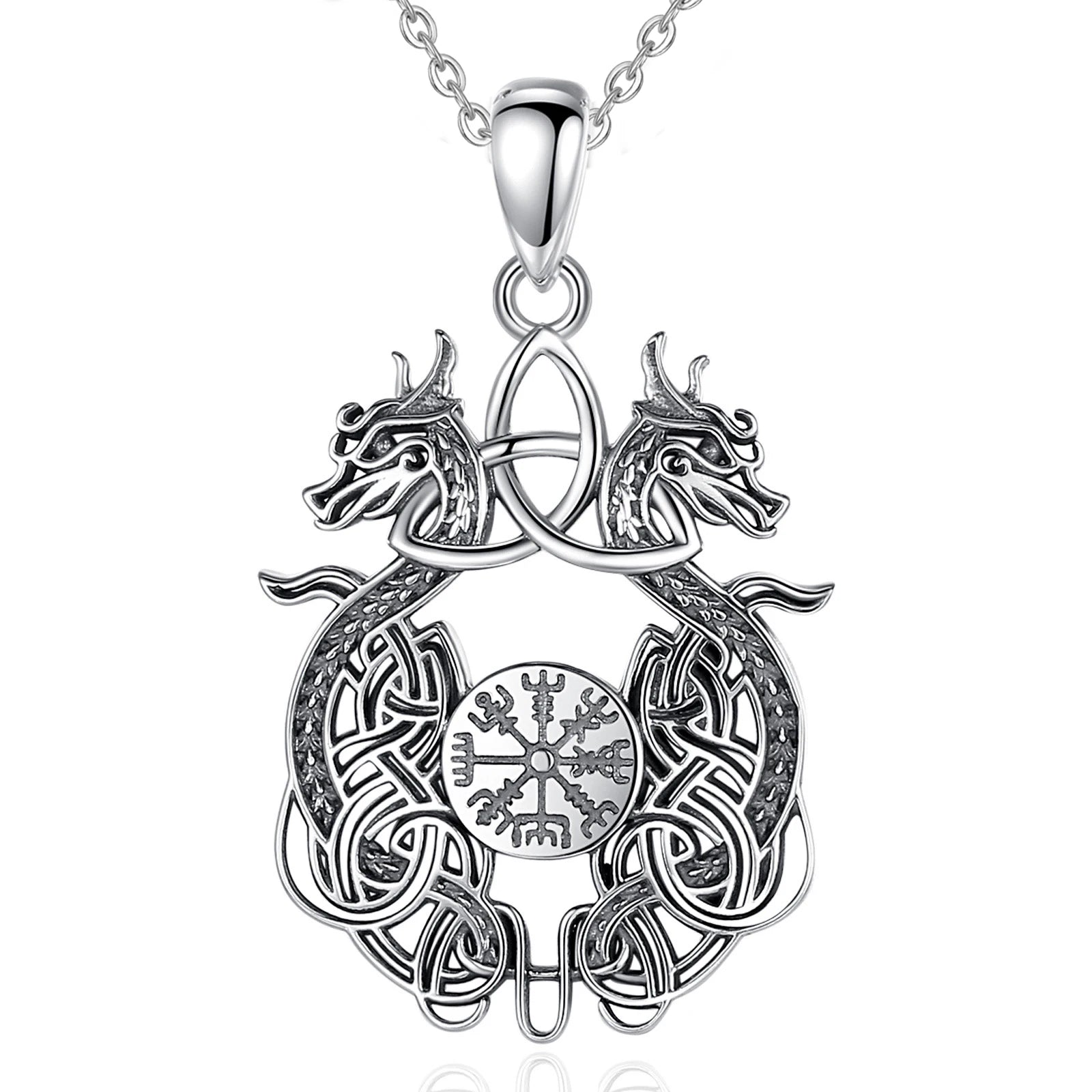 Sterling Silver 925 Viking Dragon Celtic Knot Compass Necklace, Norse Amulet