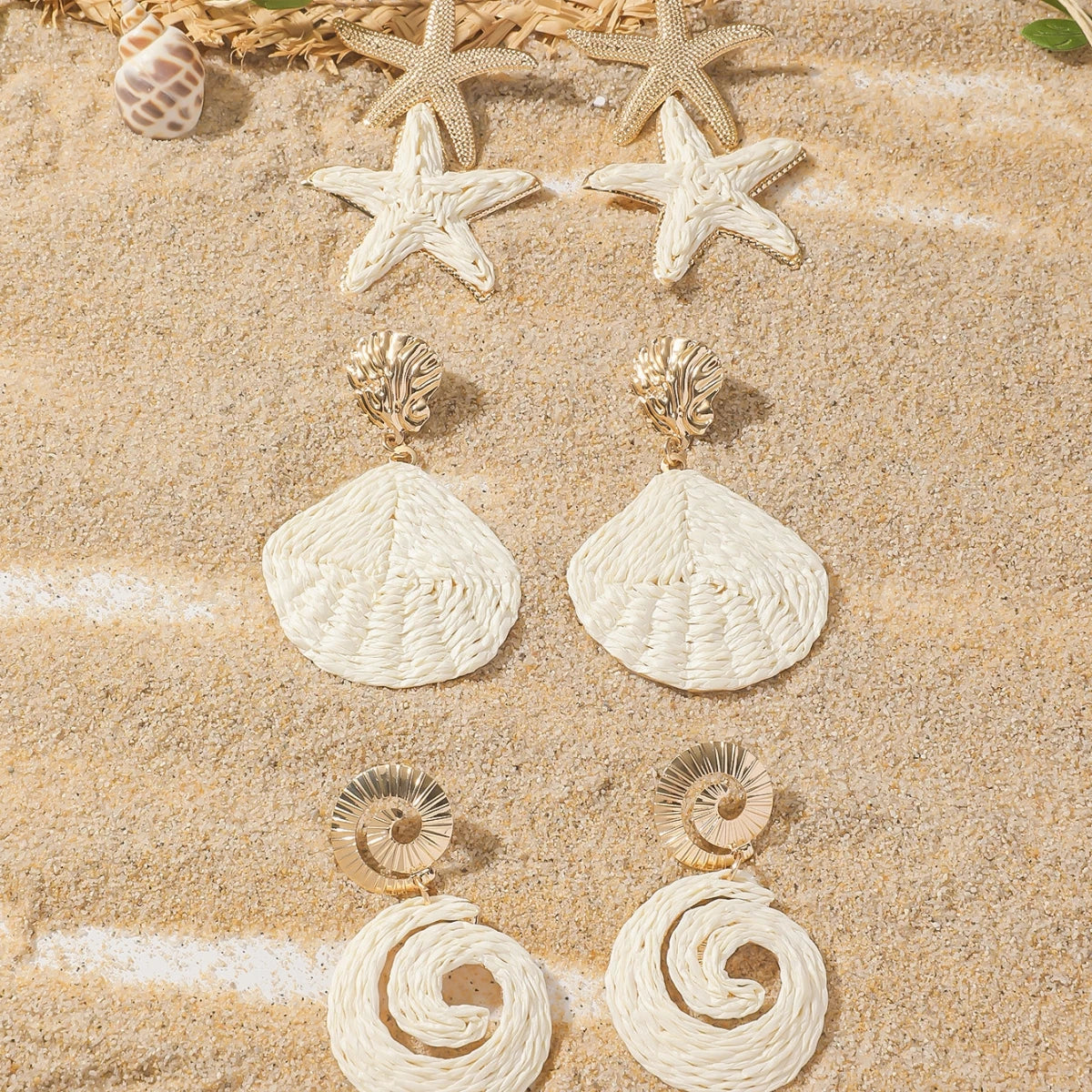 Ocean Rattan Raffia Shell and Starfish Drop Earrings