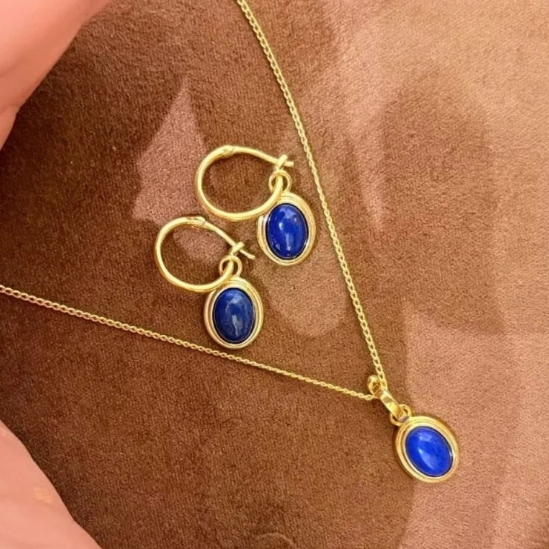 Light luxury retro high-end fashion oval lapis lazuli necklace earrings buckle party simple and elegant blue jewelry sets - Charlie Dolly