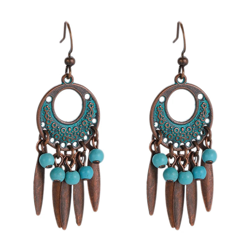 أقراط متدلية مصنوعة من سبائك البرونز العتيق للنساء أقراط Jhumka الهندية ذات سلسلة طويلة بوهو تريبل