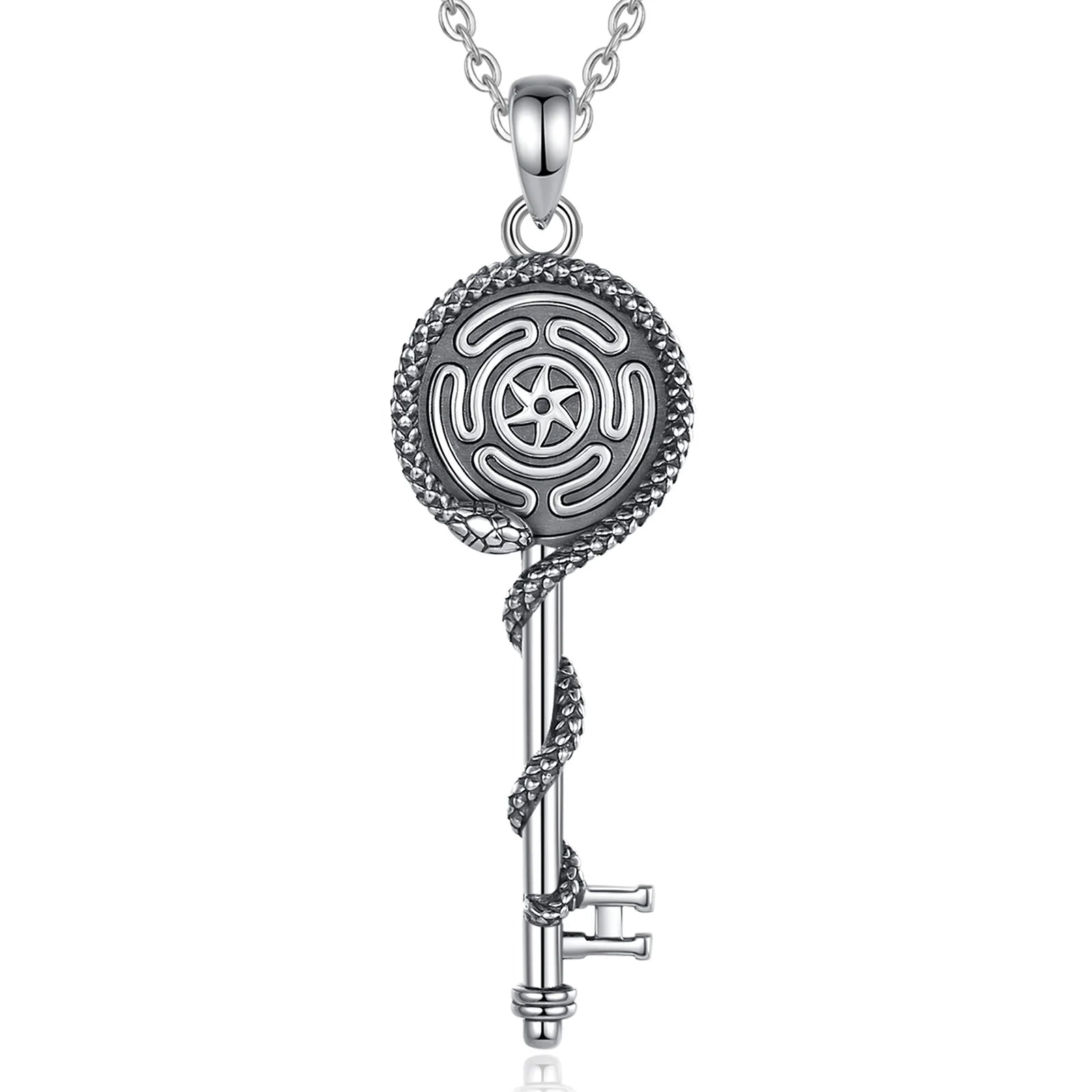 S925 Sterling Silver Hecate Wheel, Snake & Key Pendant Necklace, Triple Goddess Witch Pagan Amulet