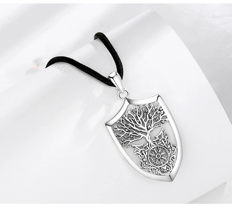 S925 Sterling Silver Viking Yggdrasil Compass Pendant Necklace, Tree of Life Wolf Norse Amulet