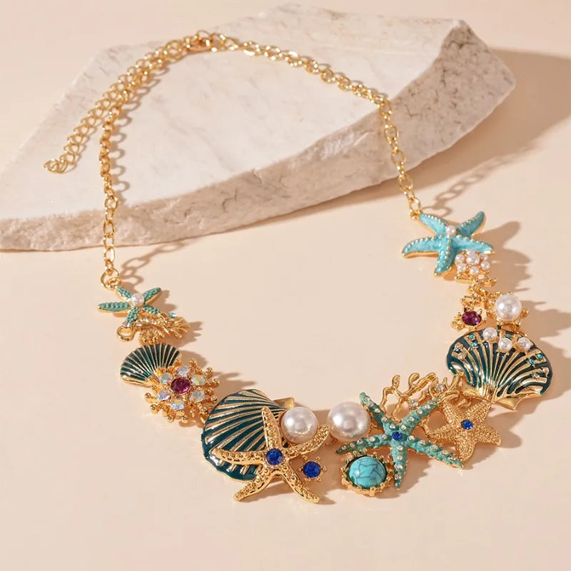 Marine Starfish Shell and Coral Pendant Necklace