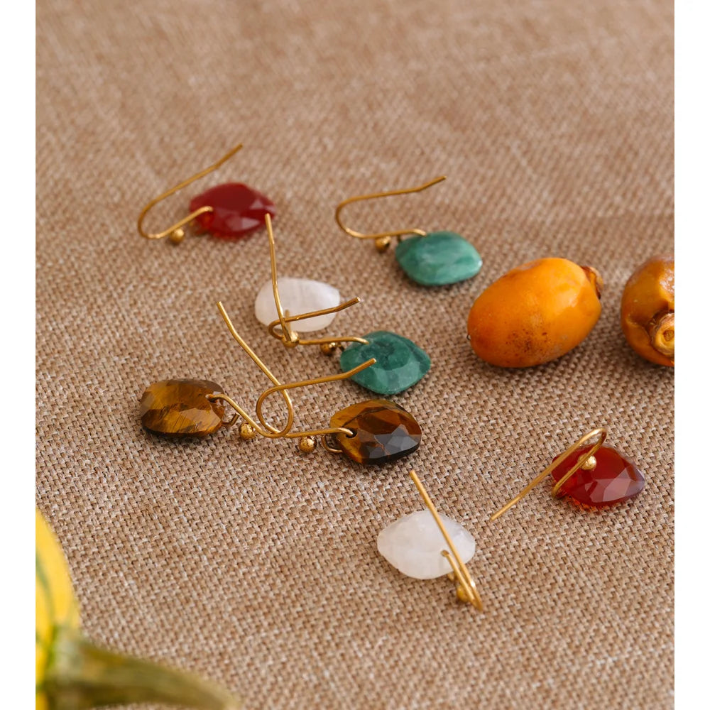 Natural Stone Square Drop Earrings, Tiger Eye Agate 14K Gold-Plated Stainless Steel Jewelry