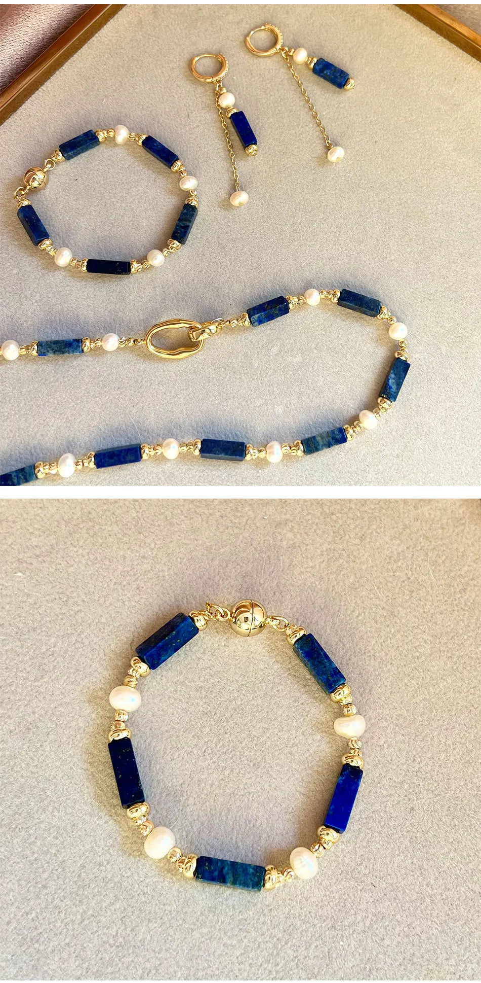 Exclusive Design Personalized Natural Freshwater Pearl Lapis lazuli Necklace Bracelet Earrings Copper Plated 14k Gold Accessorie - Charlie Dolly