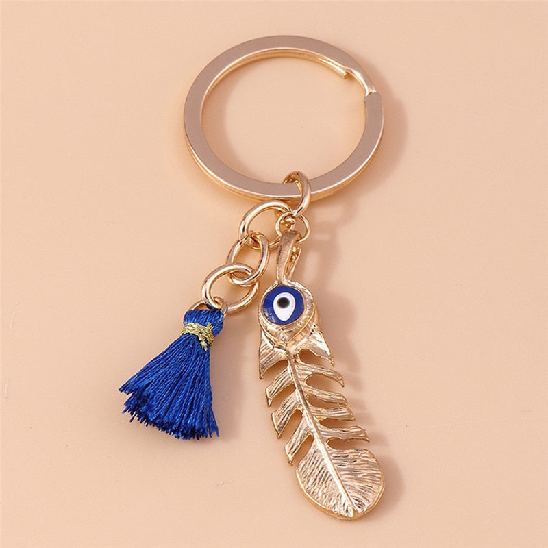 1Pc Bohemia Evil Eye Hamsa Hand Keychain for Women Men Blue Eye Sun Feather Key Ring Bag Pendant Car Key Holder Rings Wholesale
