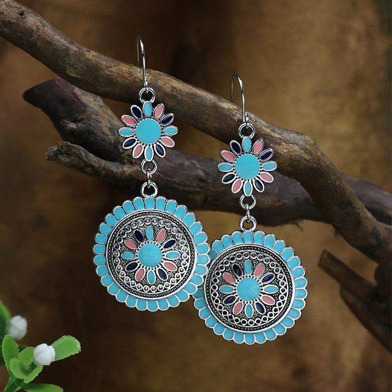 53 Styles Bohemian Vintage Tibetan Silver Geometric Drop Earrings For Women Ethnic Blue Stone Tassel Dangle Earrings Jewelry