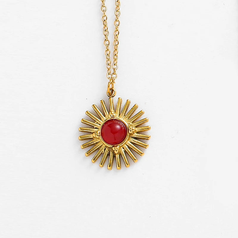 Boho Natural Stone Sun Flower Necklace for Women Bohemian Retro Stainless Steel Necklace Choker Necklaces Fashion Jewelry - Charlie Dolly