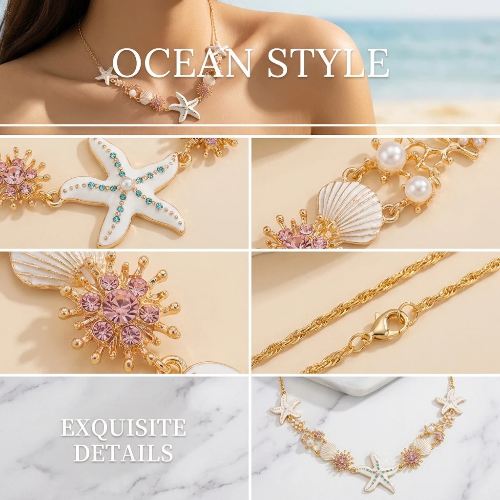 Starfish Shell and Zircon Boho Choker and Bracelet Set