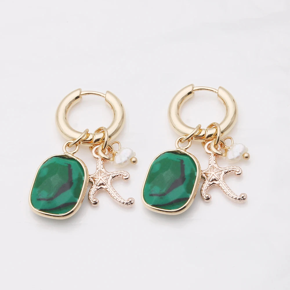 Pendant Earrings For Woman Boho Natural Stone Clover Malachite Powder Crystal Bohemia Charm Ear Luxury Quality Jewelry Girls - Charlie Dolly