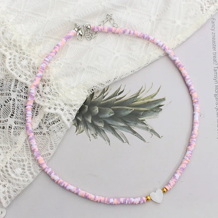 Polymer Clay Heart and Natural Shell Bead Boho Choker