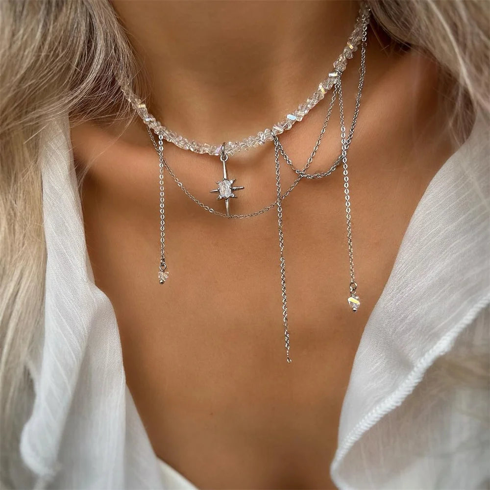 Crystal Star Pendant Tassel Necklace Jewelry