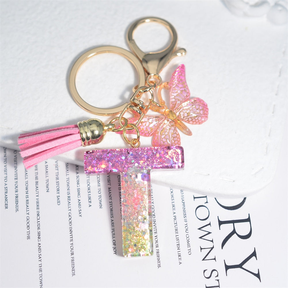 Cute Resin A-Z Initials Letter Keychain Pink Sparkle Butterfly Tassel Pendant Keyring for Women Girl Purse Handbags Jewelry Gift - Charlie Dolly
