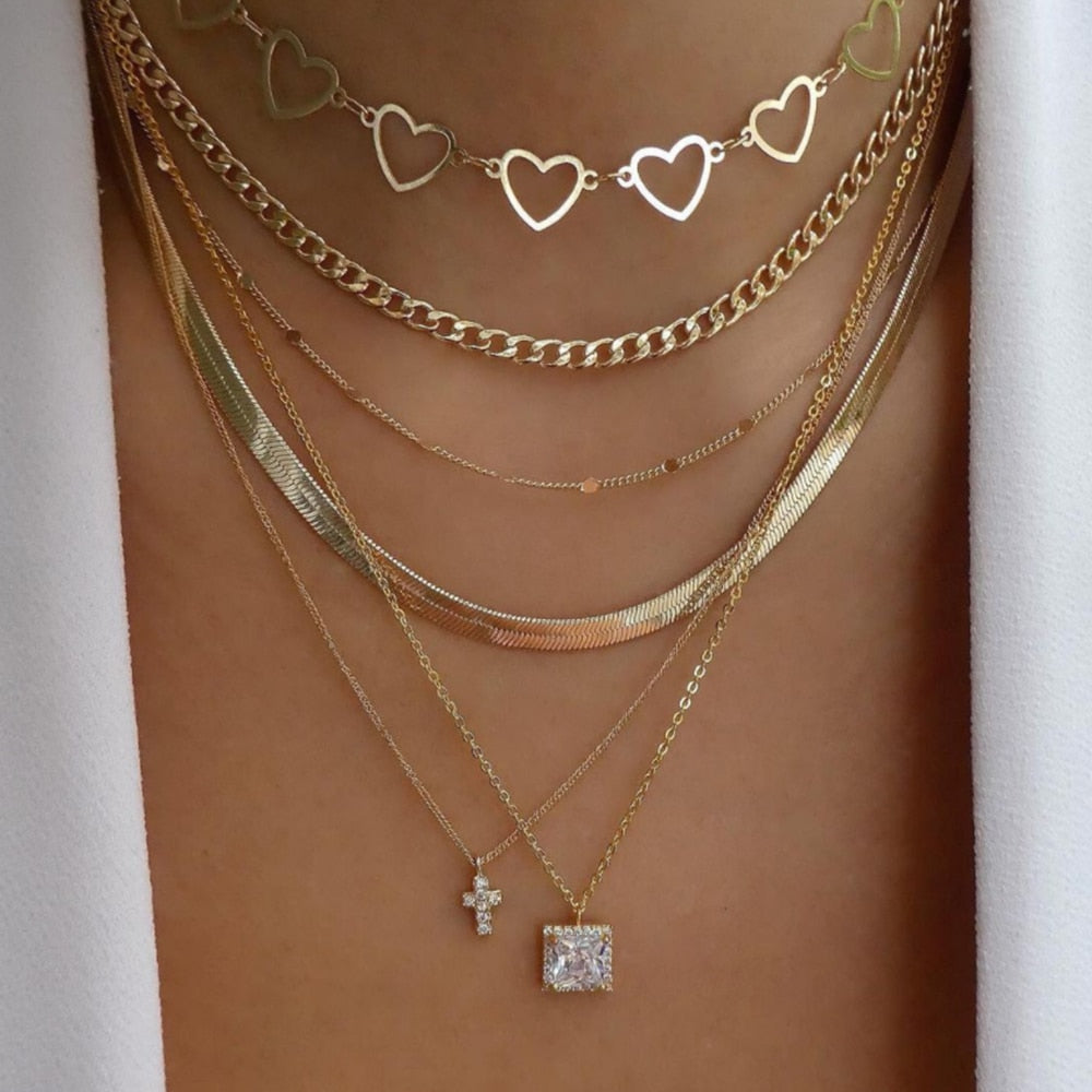 bls-miracle Bohemia Gold Color Multiple Styles Necklace For Women Multi-Layer Crystal Pendant Necklaces Set Jewelry Gifts