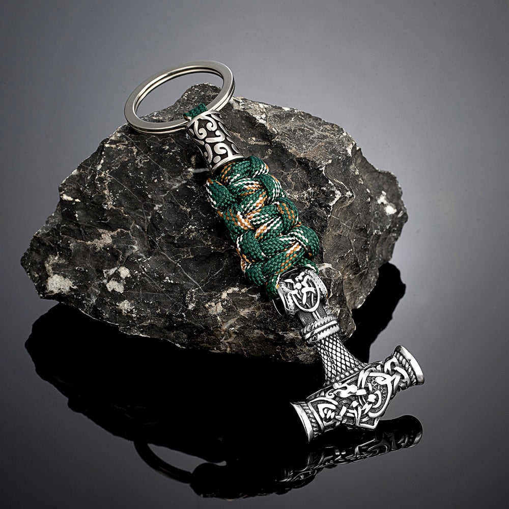 Norse Thor's Hammer Vikings Keychain Men Charm Braided Lanyard Stainless Steel Keyring Valknut Rune Handmade Retro Jewelry