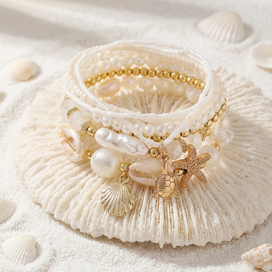 Sea Turtle, Starfish and Cowrie Shell Layered Pearl Bracelet