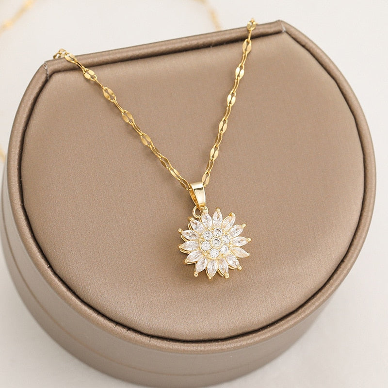 Fashion Exquisite Rotatable Sunflower Pendant Necklace Personality Shiny Zircon Rotating Anxiety Titanium Steel Necklace Jewelry