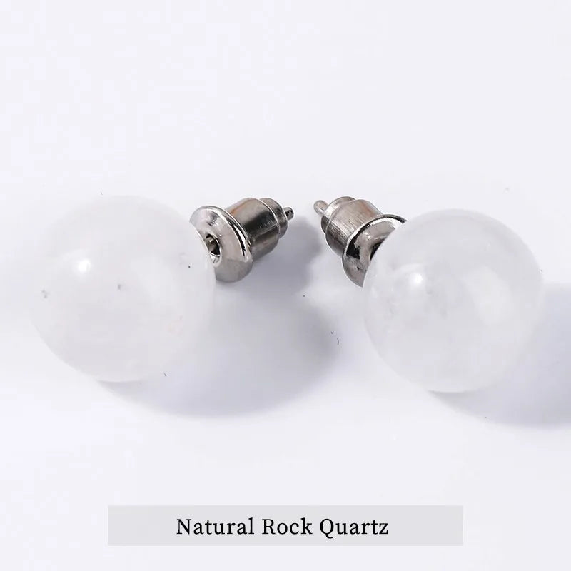 Natural Stone Agate Quartz Lapis Lazuli Tiger Eye Round Bead Stud Earrings Women Fashion Simple Stainless Steel Crystal Ear Stud - Charlie Dolly