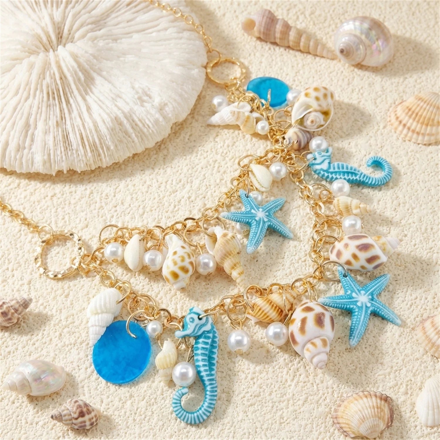 Starfish, Conch and Seahorse Exaggerated Chain Choker
