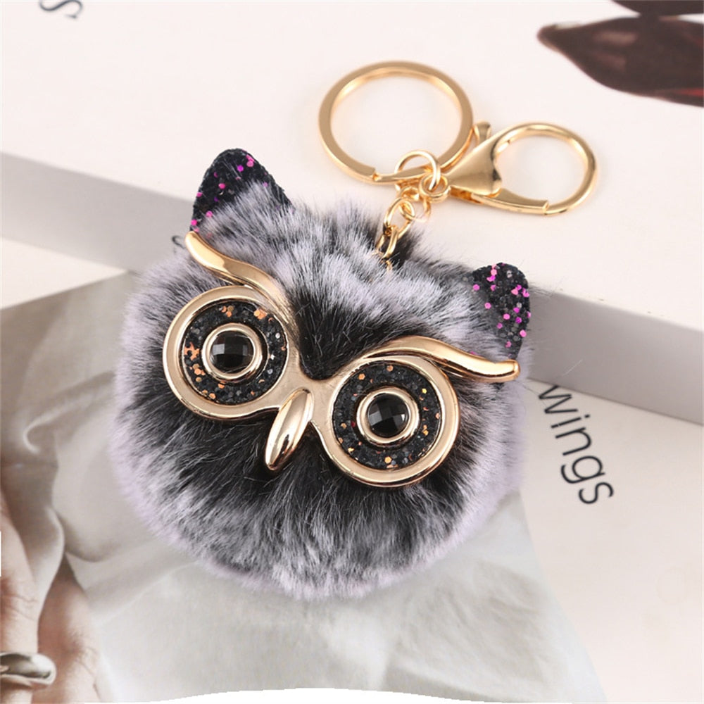 Cartoon Plush Owl Keychain With Sequin Girls Backpack Ornaments Fashion Soft Fluffy Pompom Animal Key Rings For Ladies Gifts