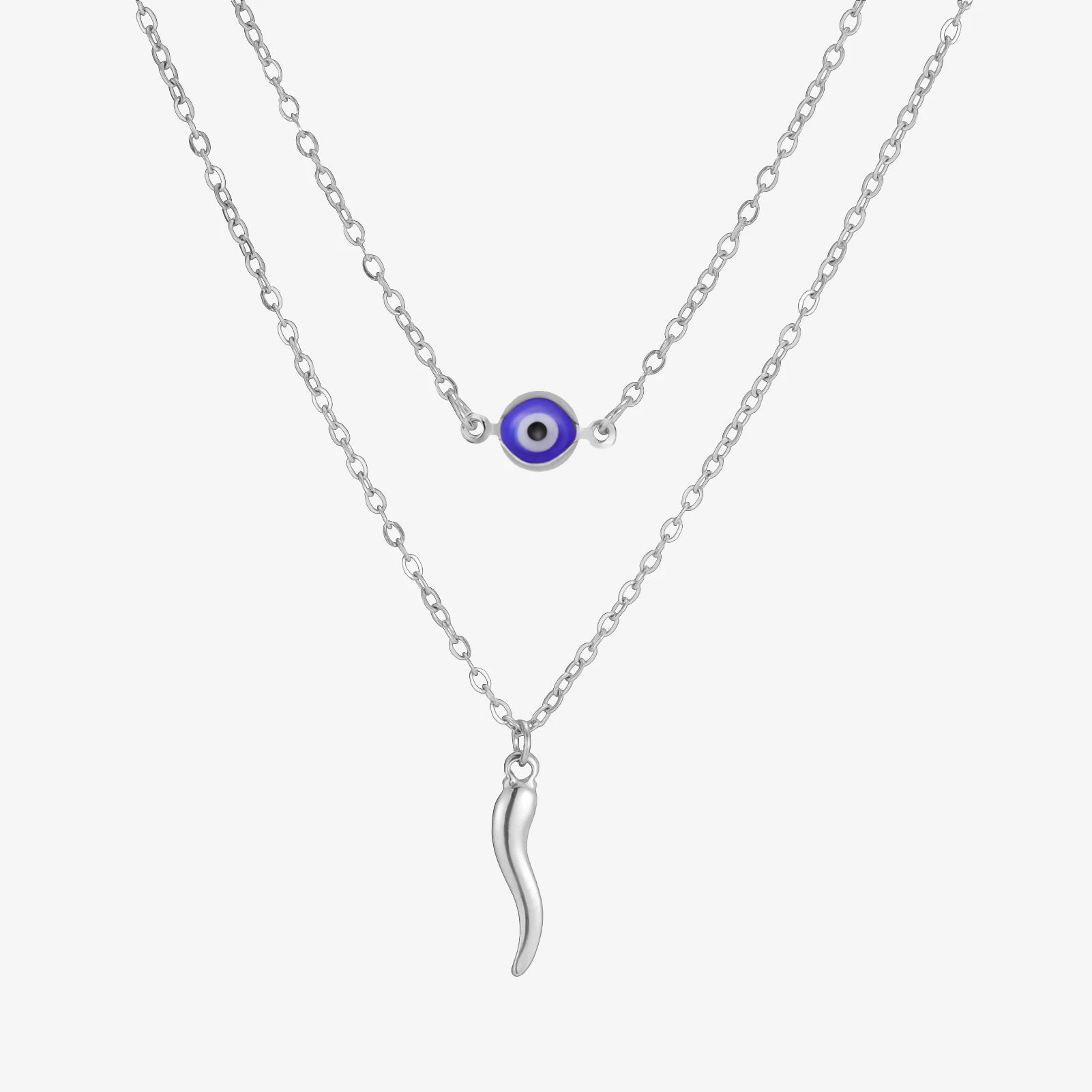 Italian Horn & Evil Eye Double Layer Necklace, Spiritual Protection Amulet